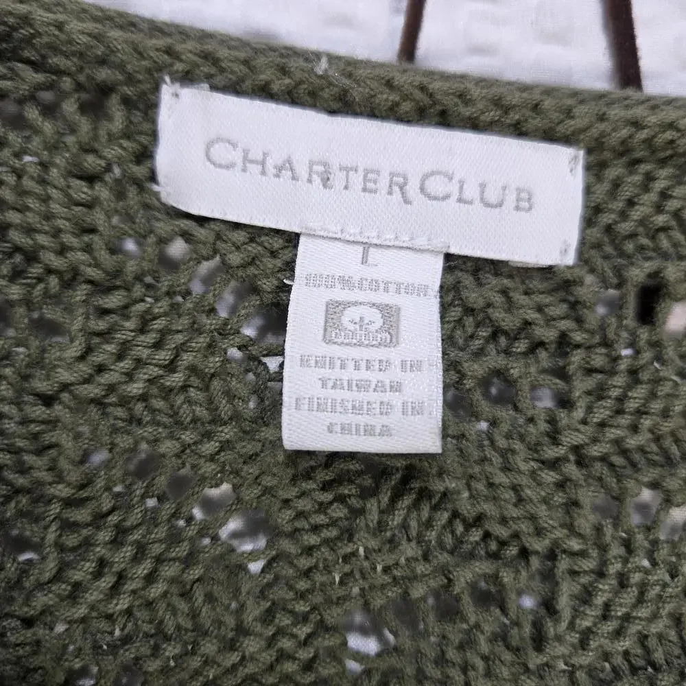 Charter Club Olive Green Cotton Pointelle Knit Sweater L V-Neck Scalloped Boho - Picture 4 of 8